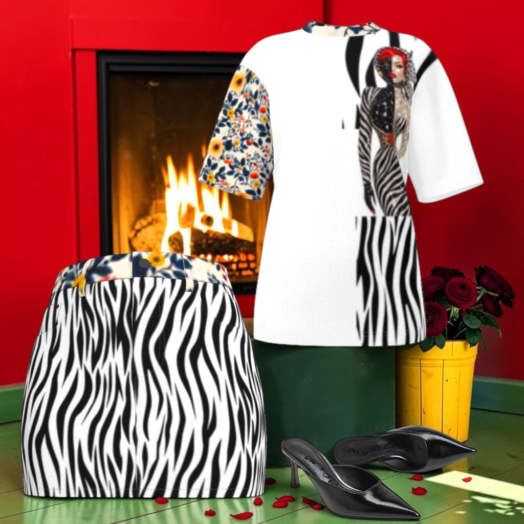 Wild Muse Oversized Tee styled with a zebra-print skirt and black heels, shown as a suggested outfit.