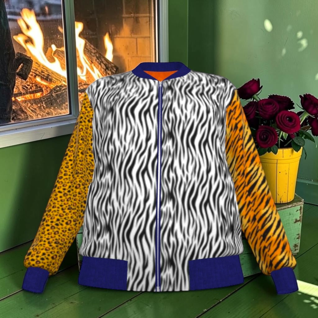 Front of The Untamed Code Jacket with zebra-print body, spotted golden sleeve, tiger-striped sleeve and royal-blue trim