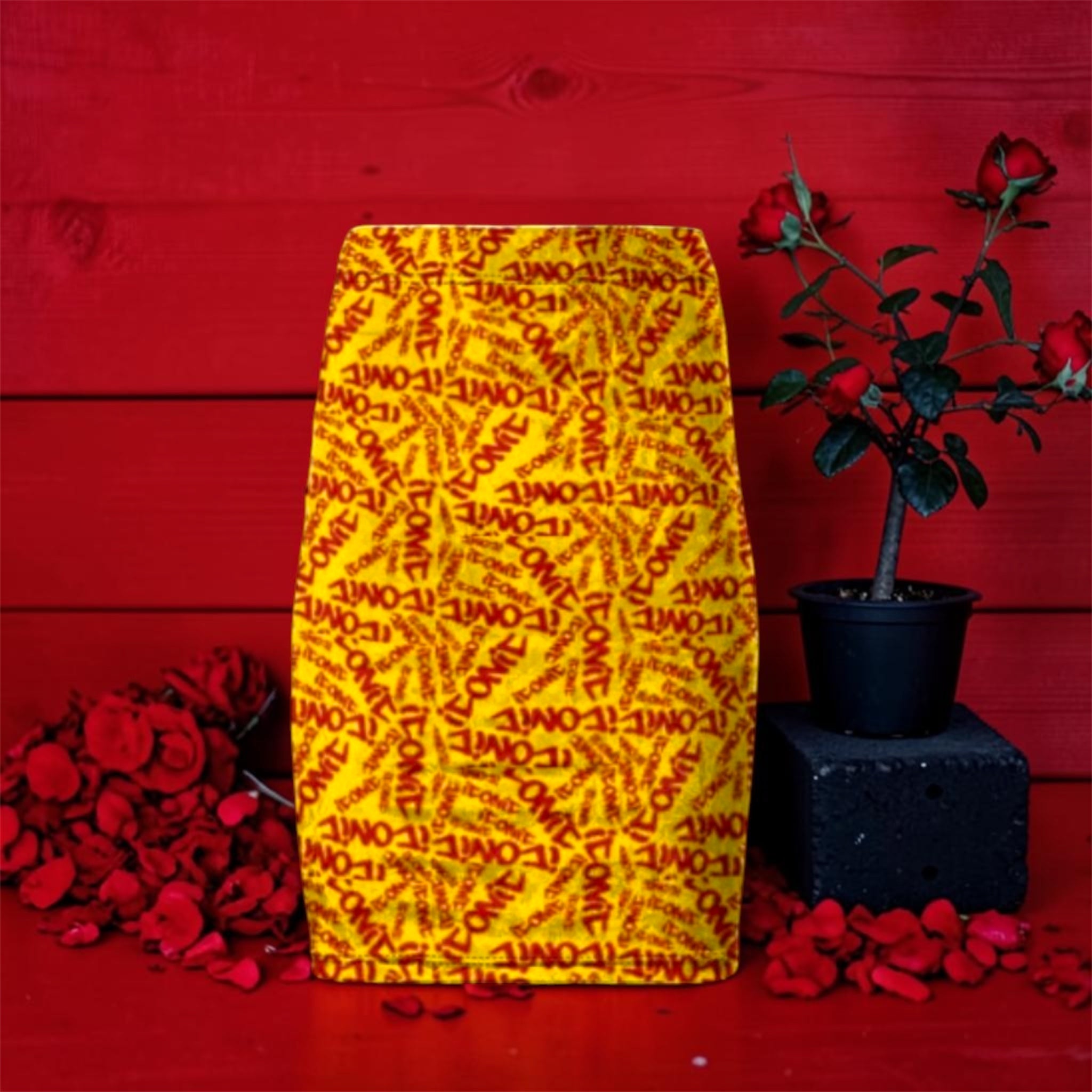The ICONIC Velvet Pencil Skirt - front view, all-over ICONIC print scarlet red on golden yellow velvet