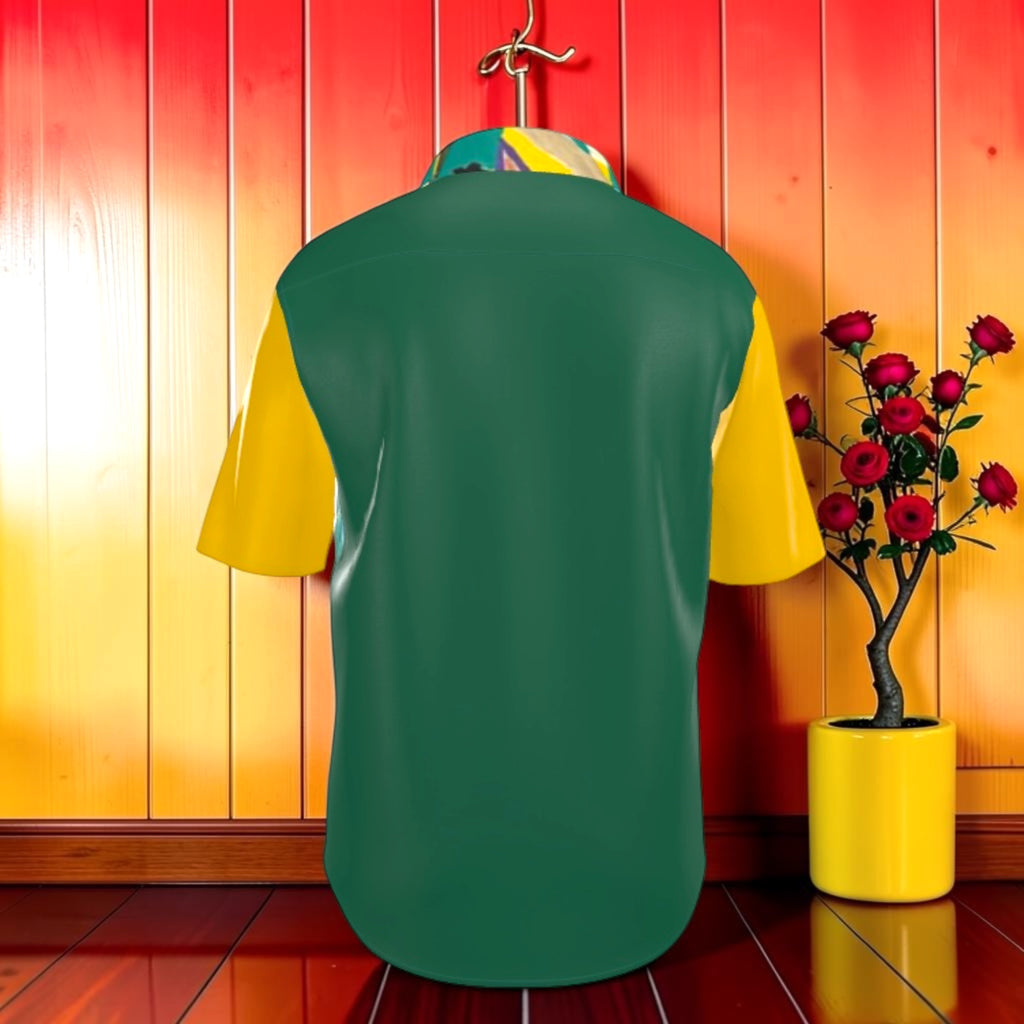 Vol II Eden Bloom Shirt back — solid forest green body with golden yellow sleeves