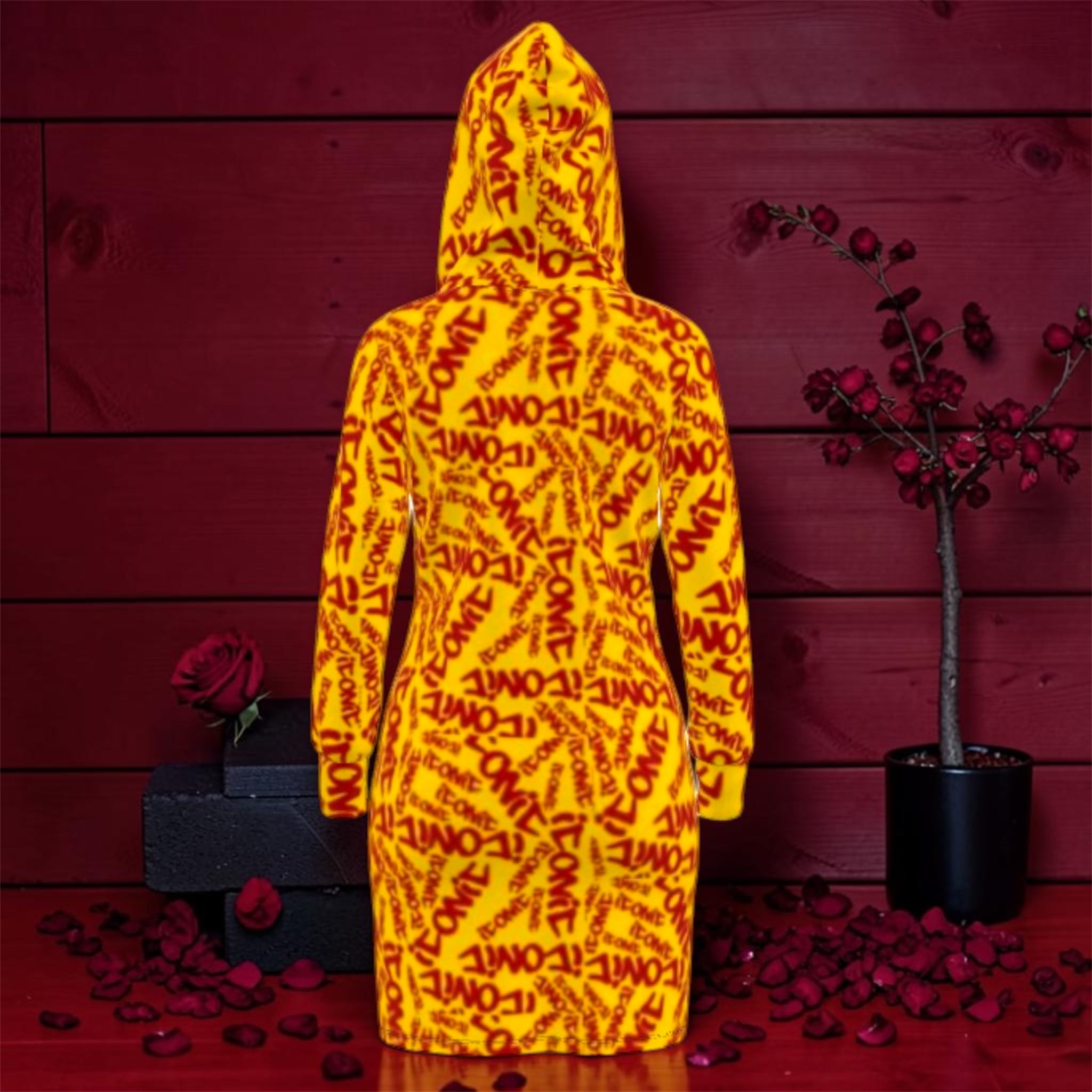 Vol IV — The ICONIC Hoodie Dress — Back view, all-over scarlet red ICONIC print on golden yellow, oversized hood detail