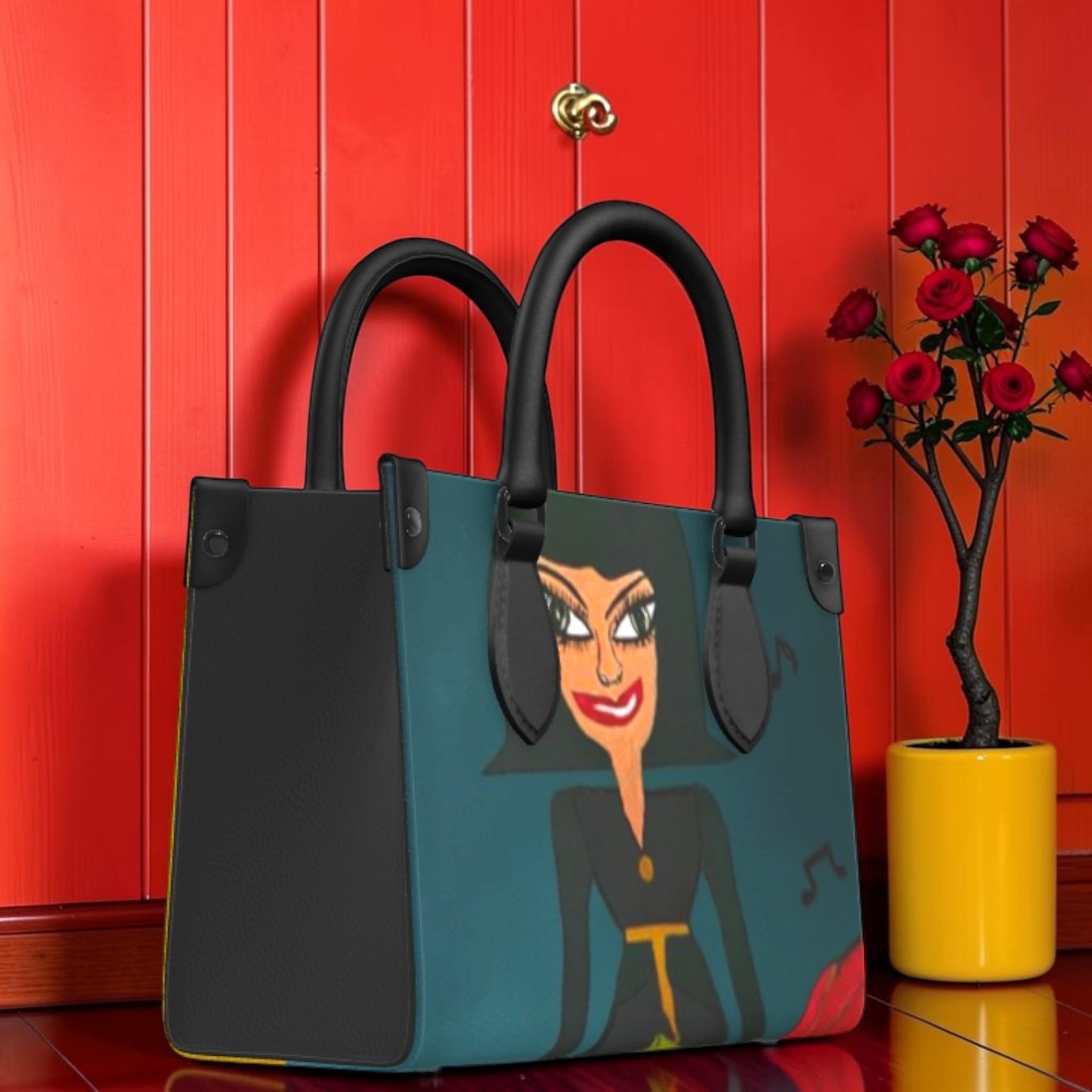 Eden Garden Mini Satchel Tote — Doll Wall teal body with black handles against red door, GEA Vol II