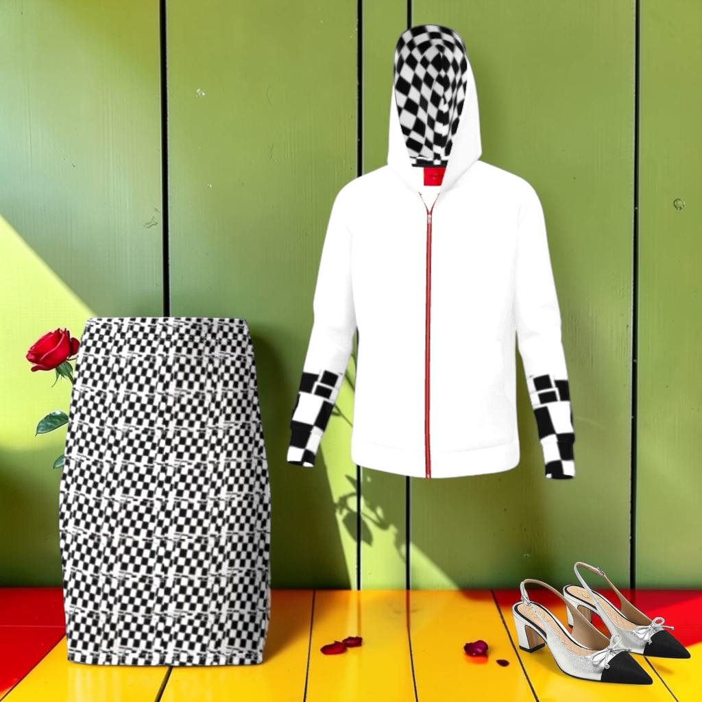 The Fearless Zip Hoodie — styled with checkered skirt and heels editorial shot