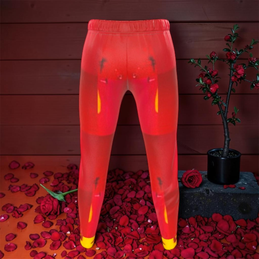 Vol IV The Scarlet ICONIC Jogger — back view, scarlet red tapered jogger with golden flame detail, rose petal floor editorial