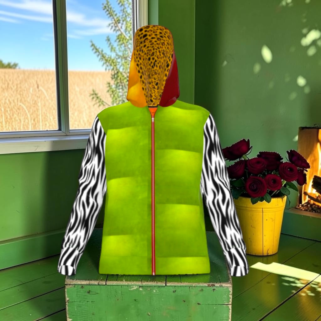 The Electric Instinct Zip Hoodie front with lime-green tonal blocks, zebra sleeves and leopard-detail color-block hood.
