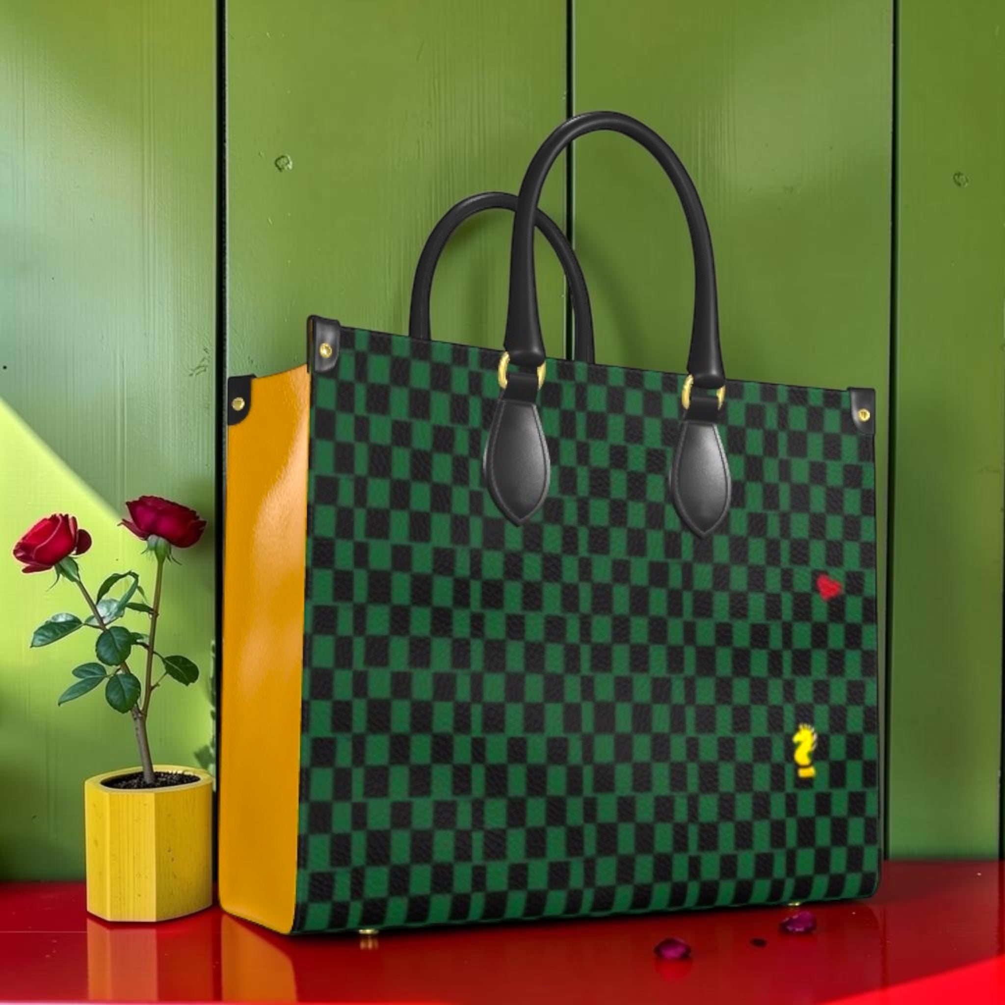 Vol I The Rule Carrier Large Tote — side view, green and black Checkmate check with golden yellow leather panel