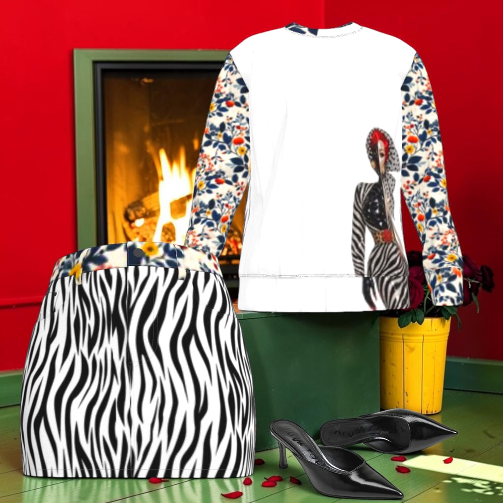 The Petal & Stripe Denim Mini Skirt styled with The Runway Muse Sweatshirt and black heels, sold separately