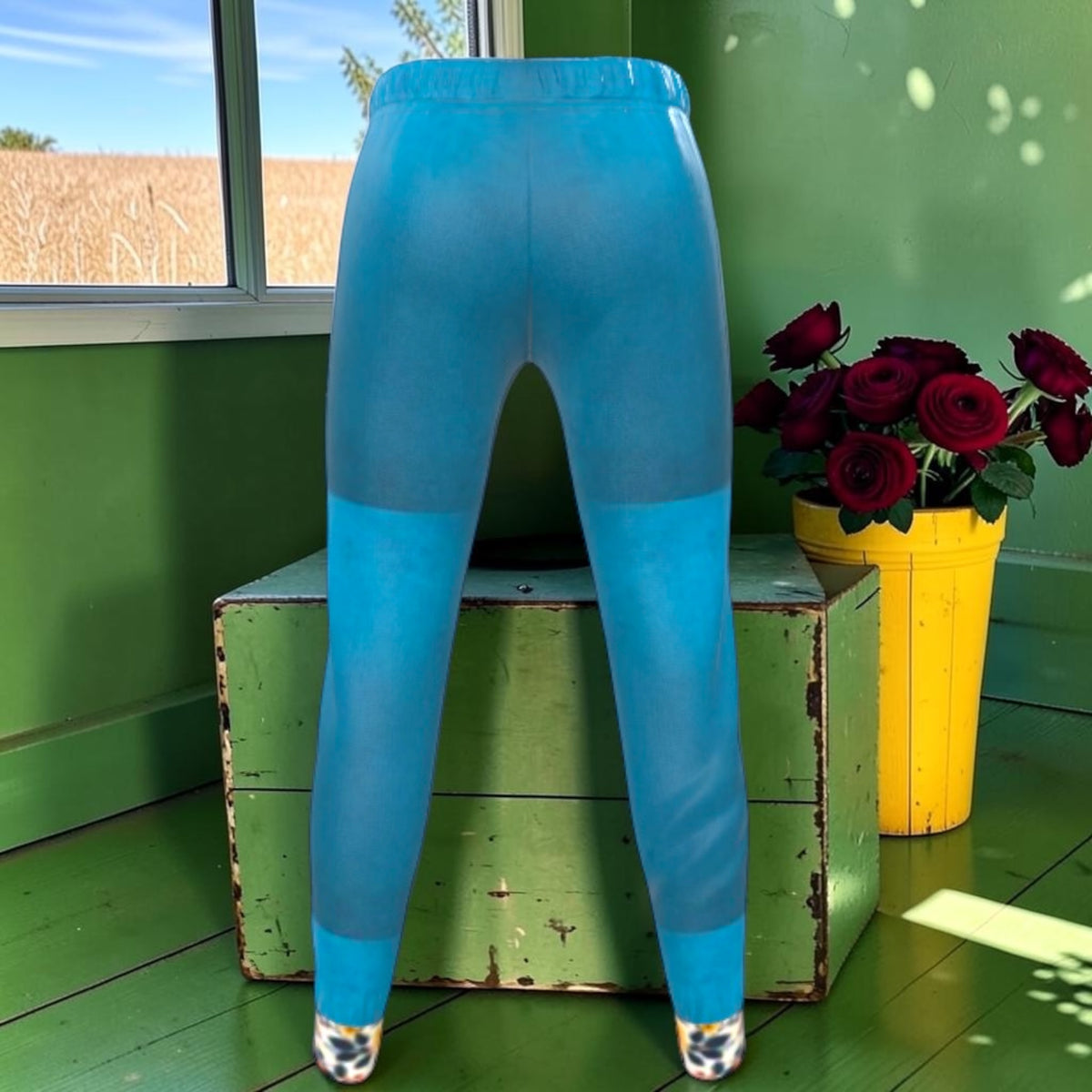 The Petal Voltage Ponte Pant back with blue tonal color-block panels and floral hem details.