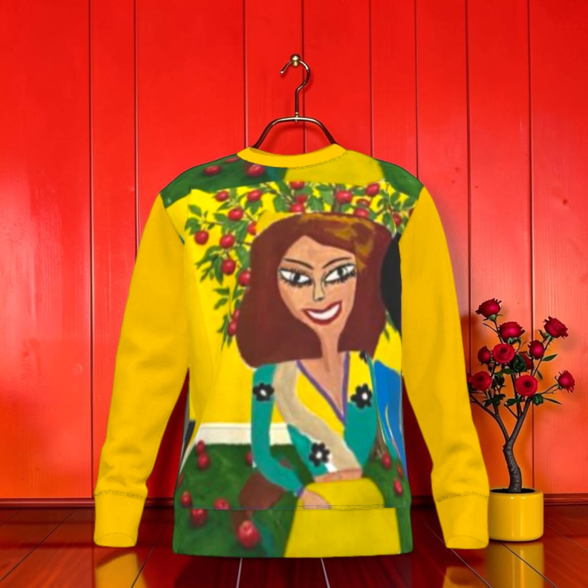 The Garden Halo Sweatshirt — back view featuring Doll Wall art print on golden yellow body, Vol II Eden Edit by Golden Expression Art