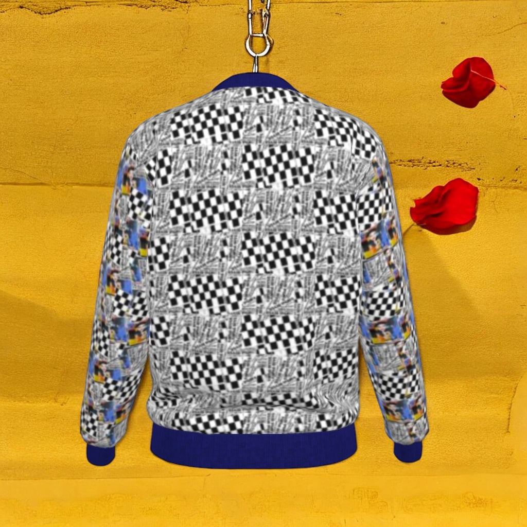 Vol III Flip the Script Jacket — Unbothered script and Checkmate DNA back view, royal blue hem — Golden Expression Art