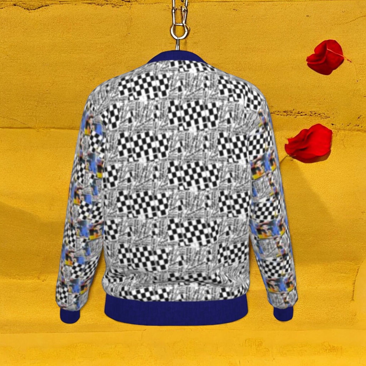 Vol III Flip the Script Jacket — Unbothered script and Checkmate DNA back view, royal blue hem — Golden Expression Art