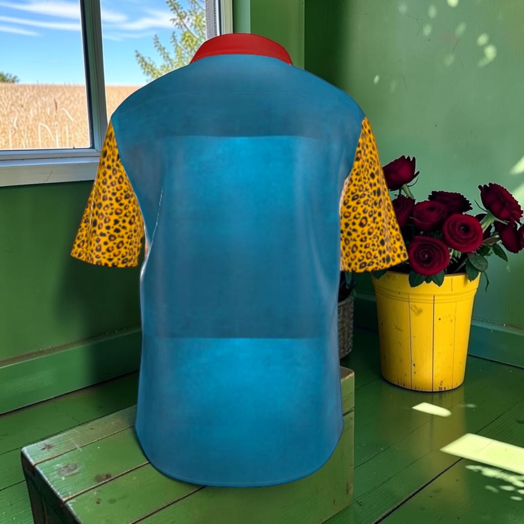 Back of 100% silk shirt in blue with leopard short sleeves and red collar