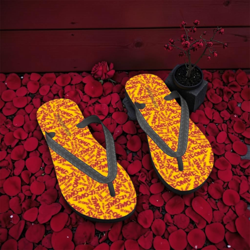 The ICONIC Sole flip flops top-down on rose petals