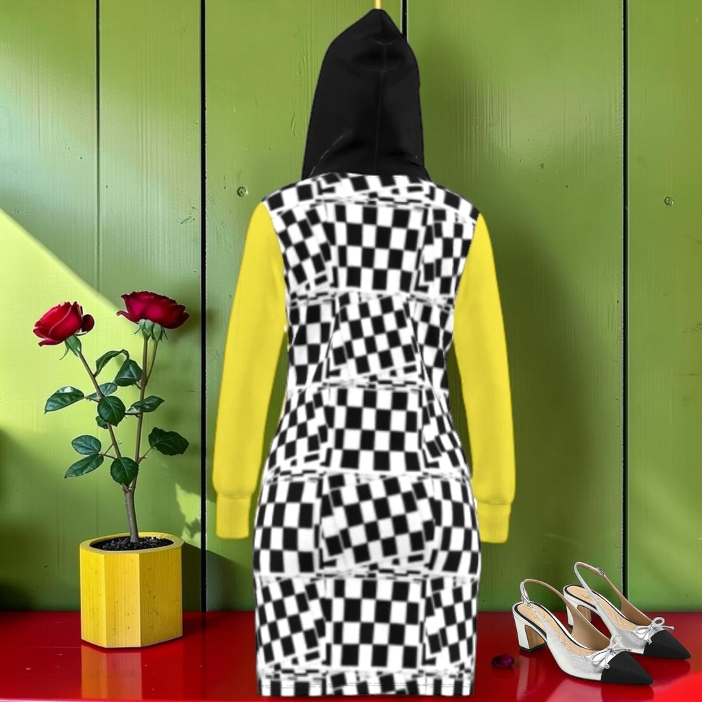 The Golden Checkmate Dress - Black & White Checkmate Back with Yellow Sleeves - Golden Expression Art