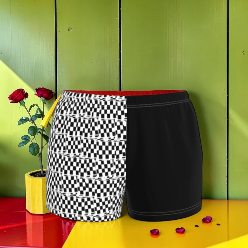 Anchored Iconic Athletic Shorts - front view, split black and white checkered left panel and solid black right panel with red waistband