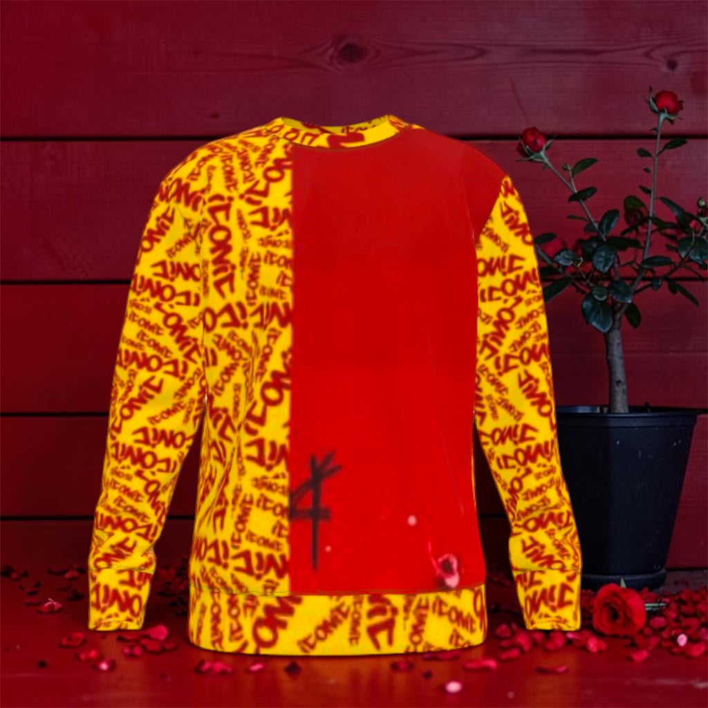 The ICONIC Wall Pullover Sweatshirt — front view, ICONIC all-over print on golden yellow with scarlet red center panel