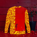 The ICONIC Wall Pullover Sweatshirt — front view, ICONIC all-over print on golden yellow with scarlet red center panel