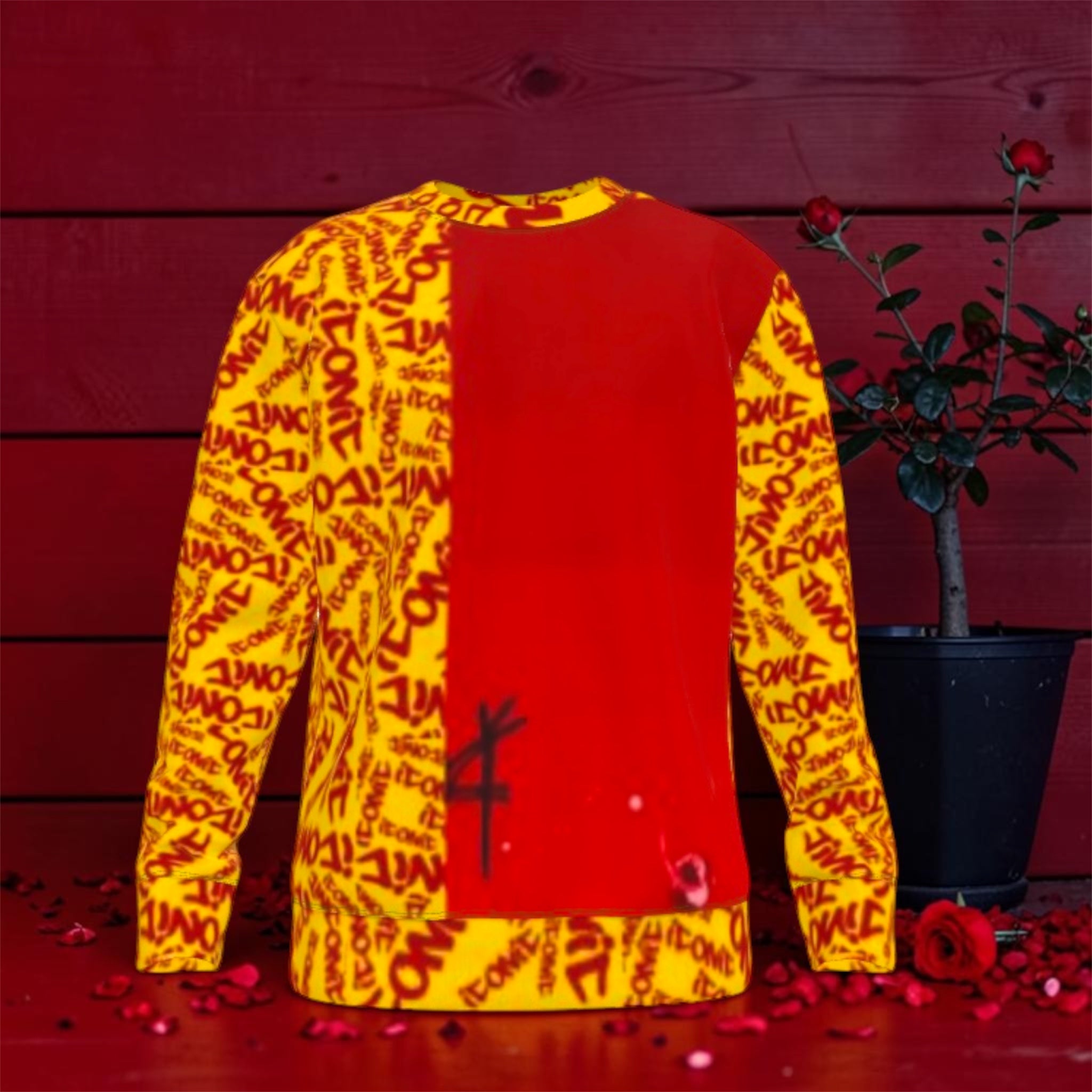 The ICONIC Wall Pullover Sweatshirt — front view, ICONIC all-over print on golden yellow with scarlet red center panel