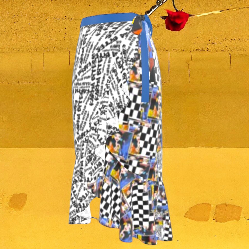 Vol III Unbothered Flow Skirt — side view, Unbothered script and Checkmate DNA panels, royal blue waistband — Golden Expression Art