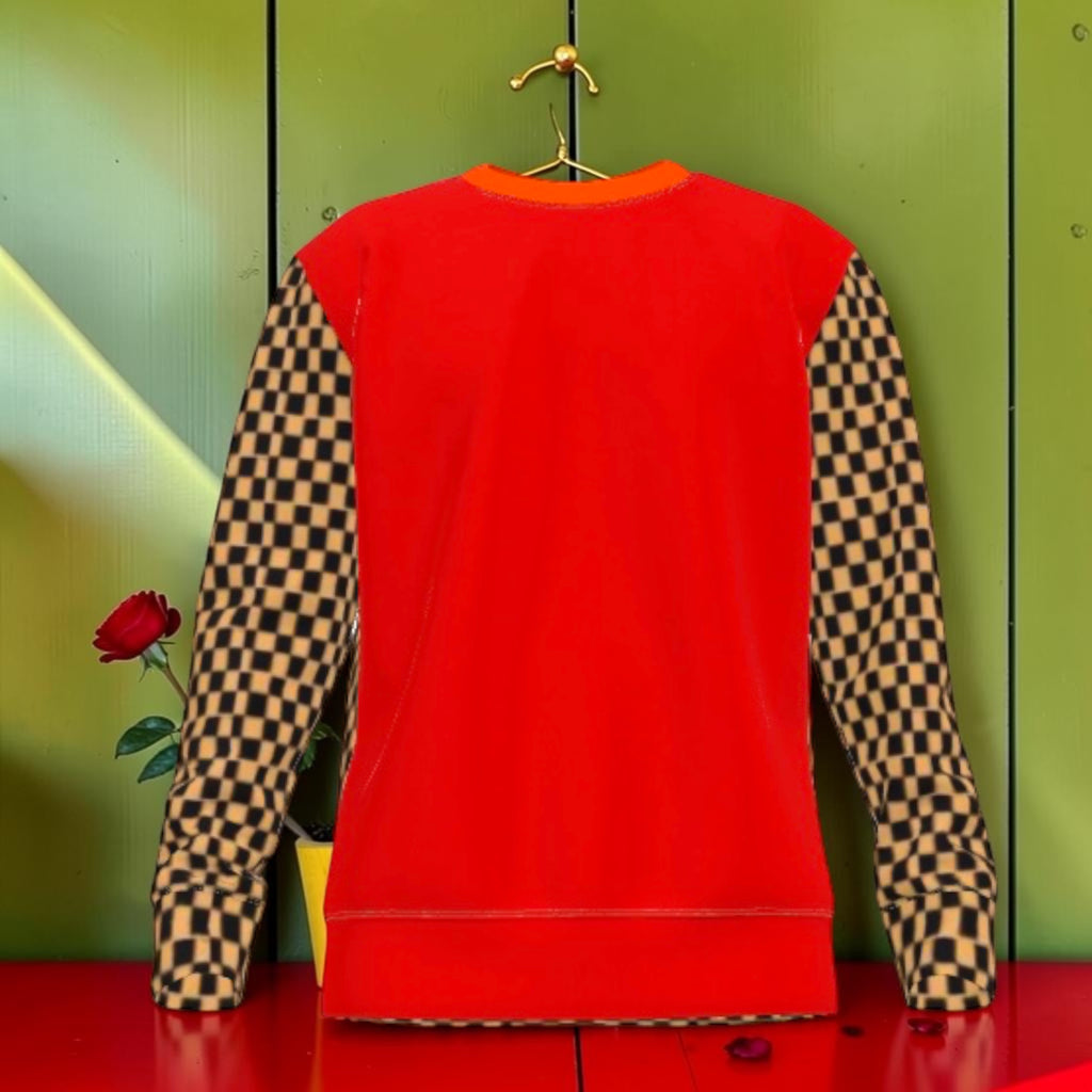 The Maverick Sweatshirt back — scarlet red Nero Ponte body with Checkmate DNA tan & black check sleeves, orange collar trim — Golden Expression Art Vol I