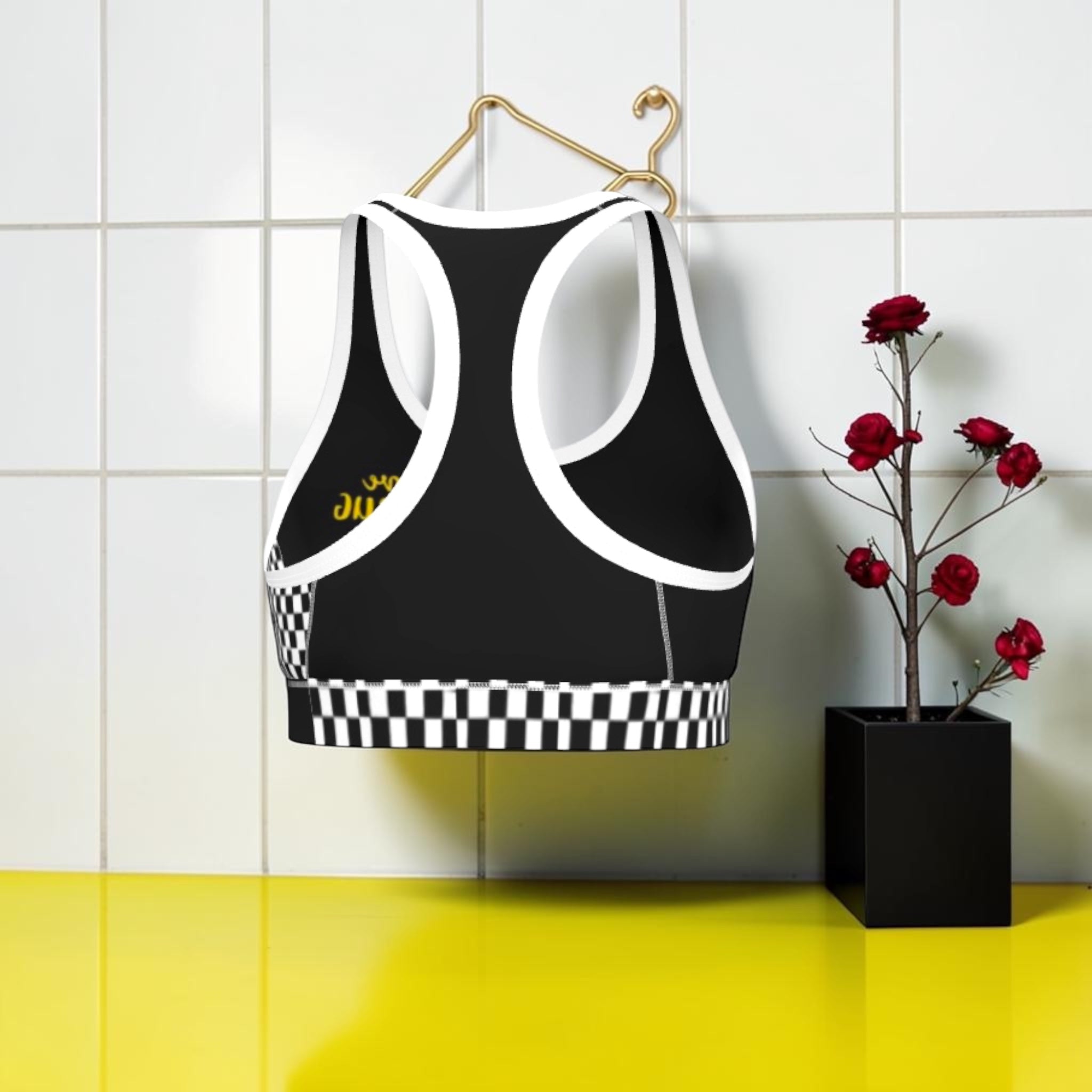 Vol III The Night Racer Sports Bra — back racerback view with Checkmate DNA checkered band