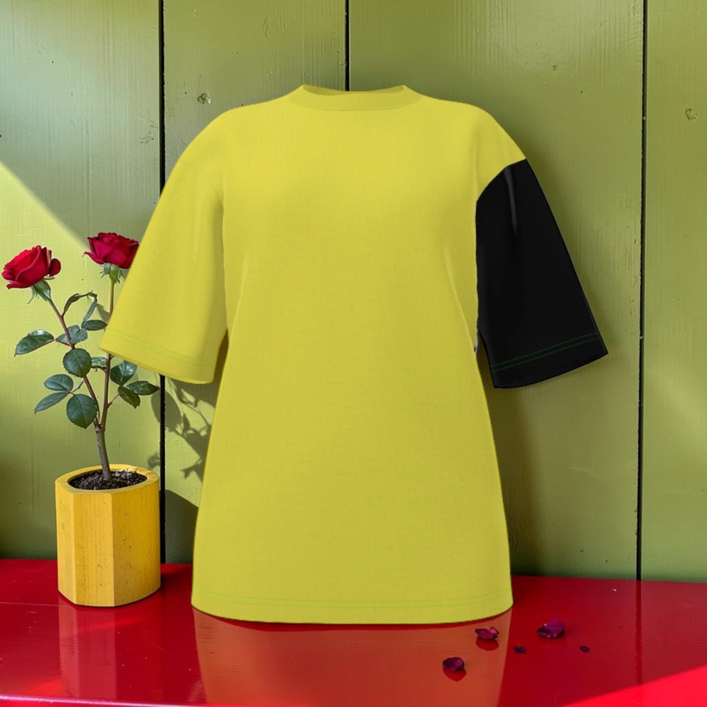 Iconic Oversized Signature Tee - front view, golden yellow body with solid black sleeve, oversized silhouette