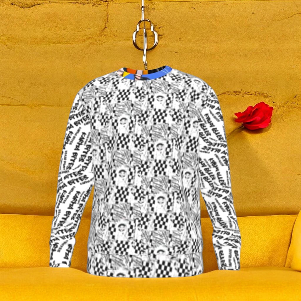 Front view of The Double Take Sweatshirt with black-and-white Checkmate and Doll Wall graphics and a multicolor neckline