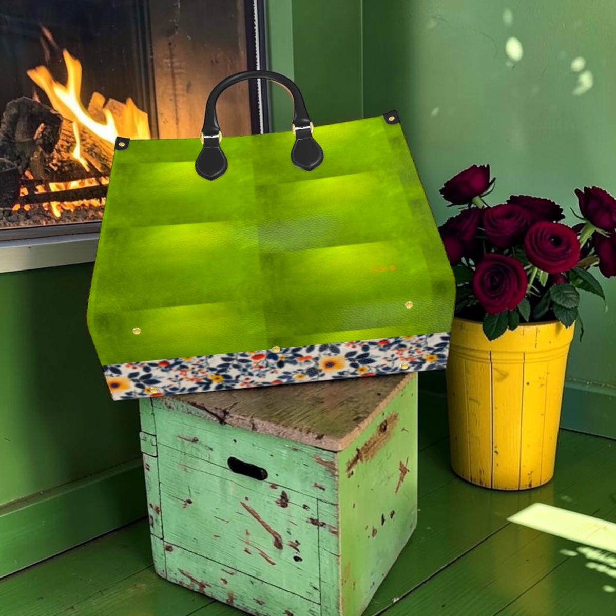 Wild Bloom large tote showing lime-green back, floral base and black handles