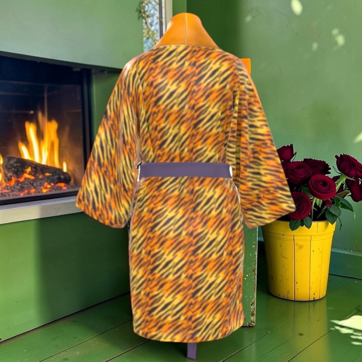 Amber Sovereign silk robe back with tiger print and muted purple belt