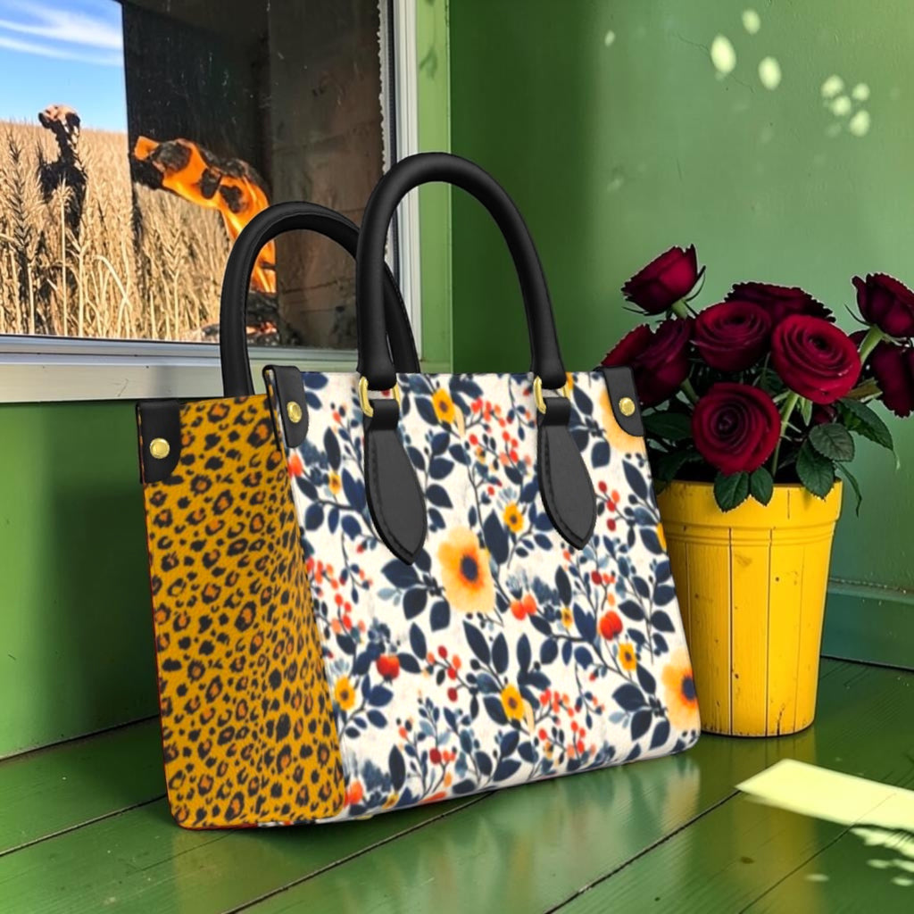 Rebel Bloom Mini Satchel showing floral panel and golden leopard-print side