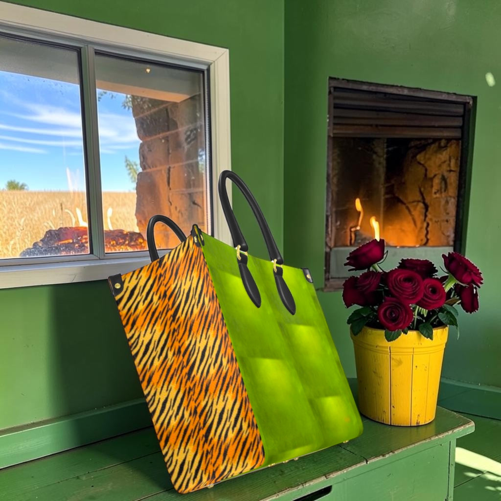 Wild Bloom large tote lime-green back and golden tiger-stripe side panel