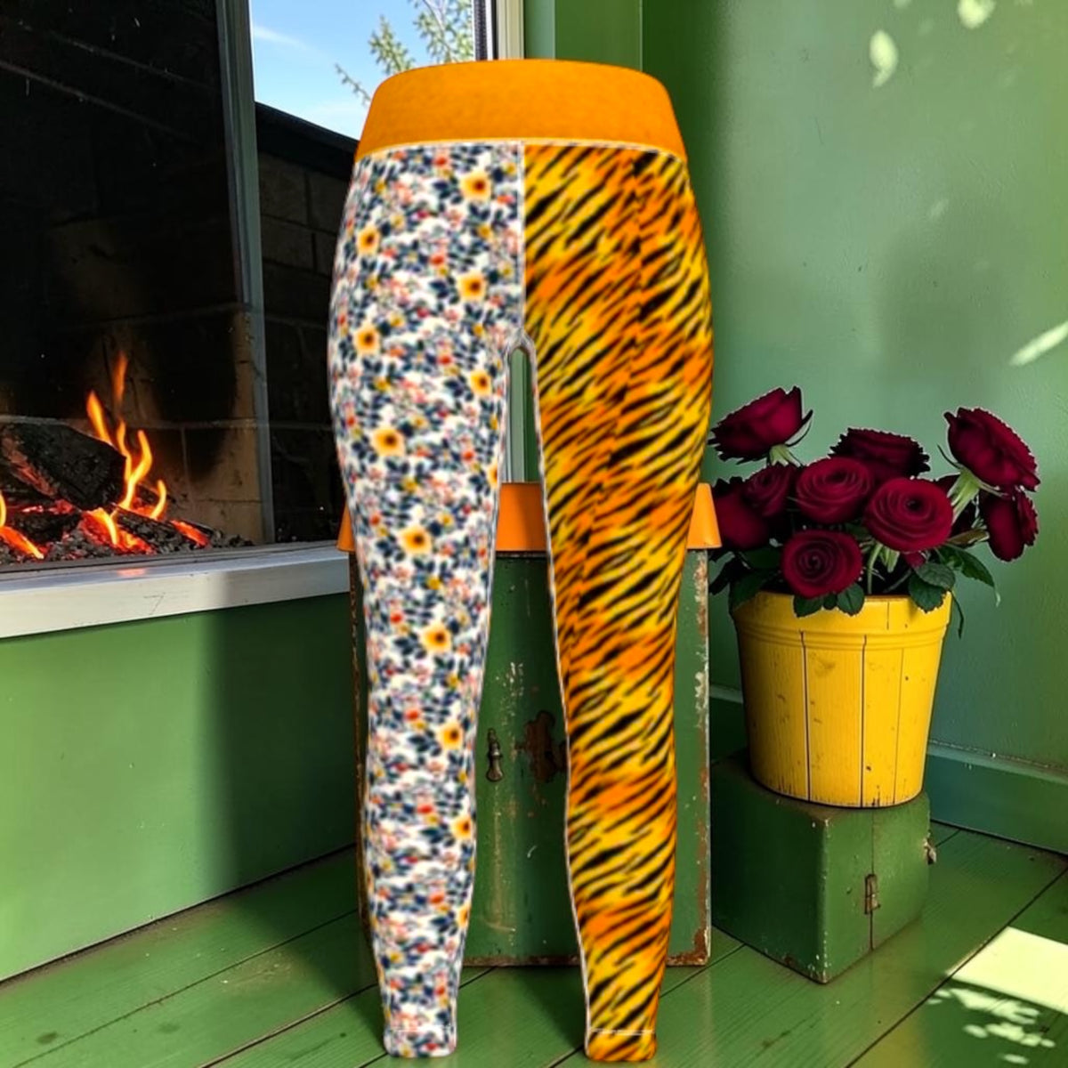 The Golden Bloom Split Legging front with one floral-print leg, one golden tiger-stripe leg and a golden-amber waistband