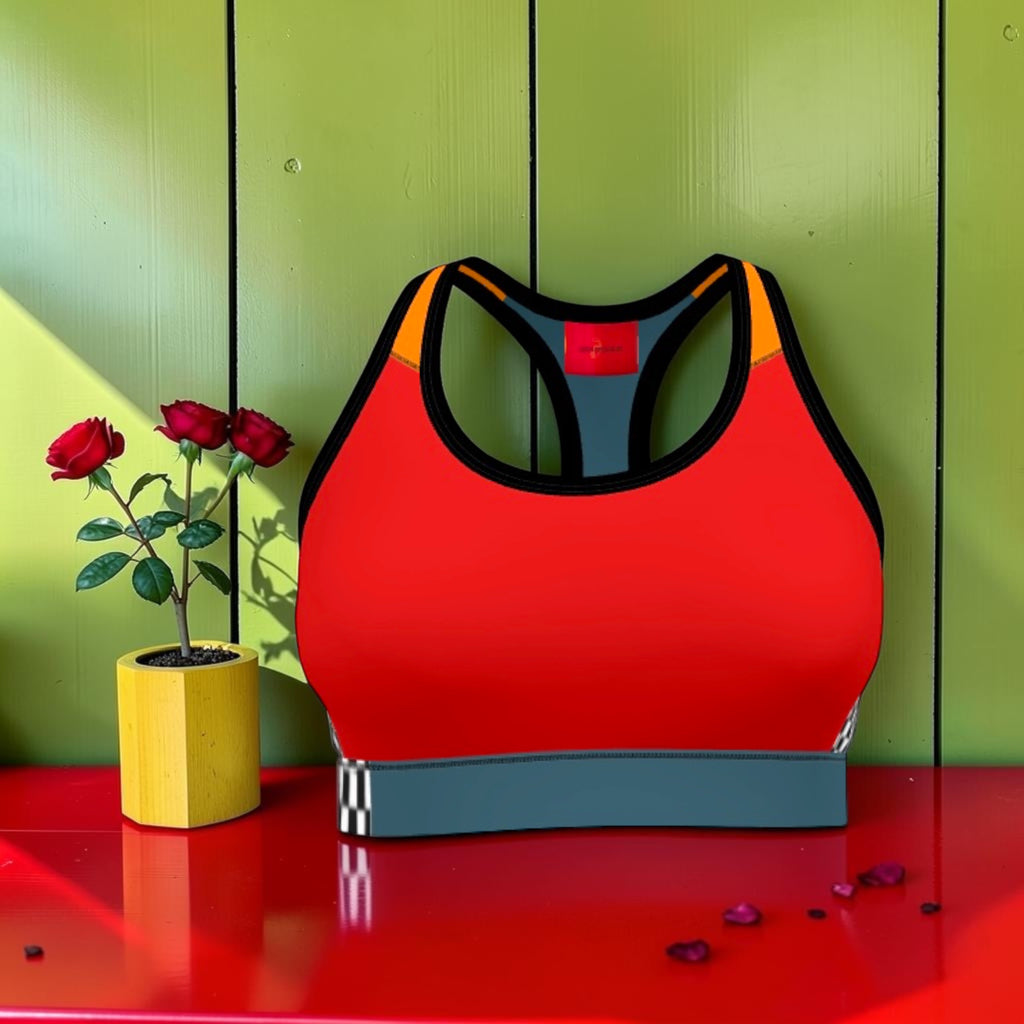 Vol I — The Checkmate Rule Sports Bra — front close-up, scarlet red Lycra, GEA label detail, Checkmate DNA band