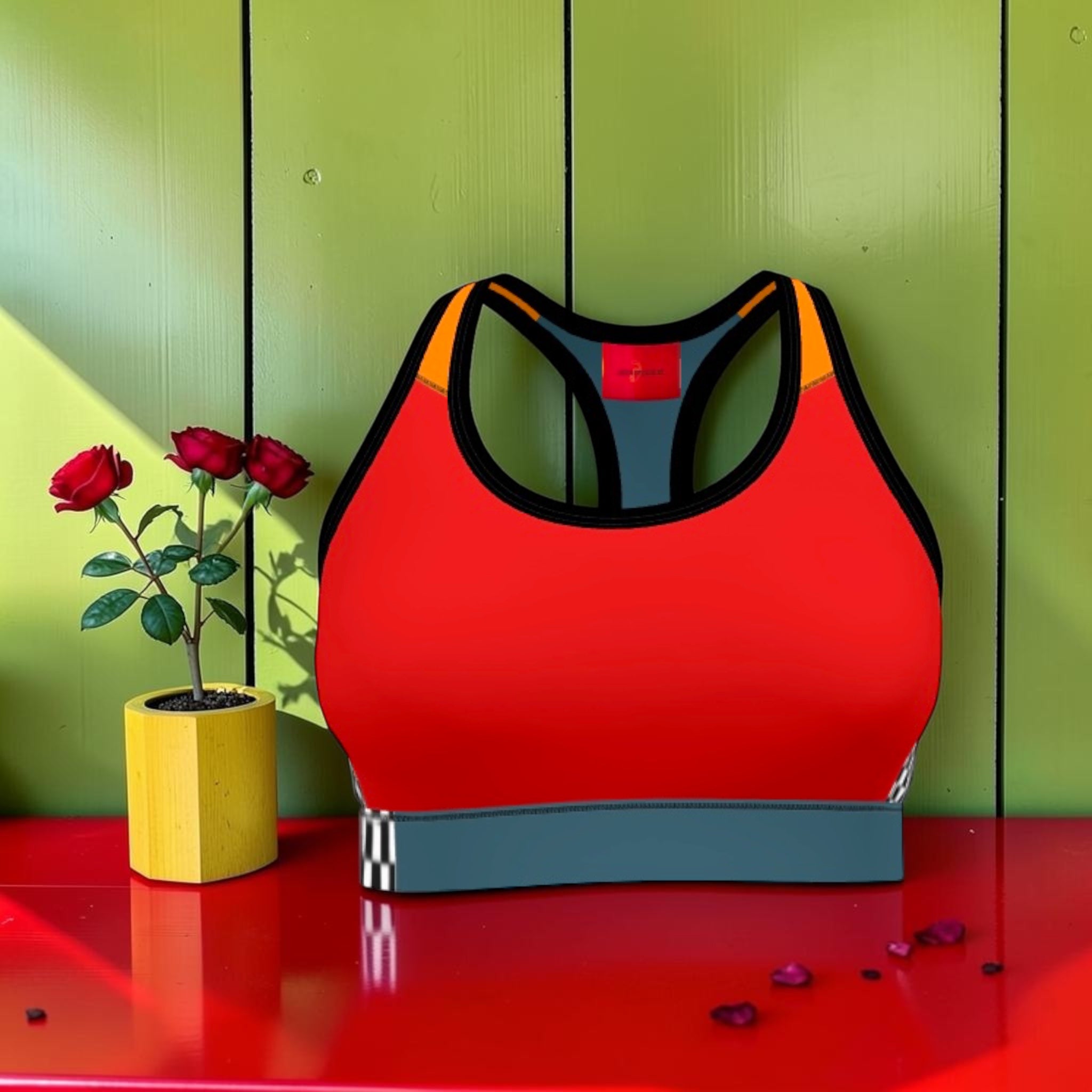 Vol I — The Checkmate Rule Sports Bra — front close-up, scarlet red Lycra, GEA label detail, Checkmate DNA band