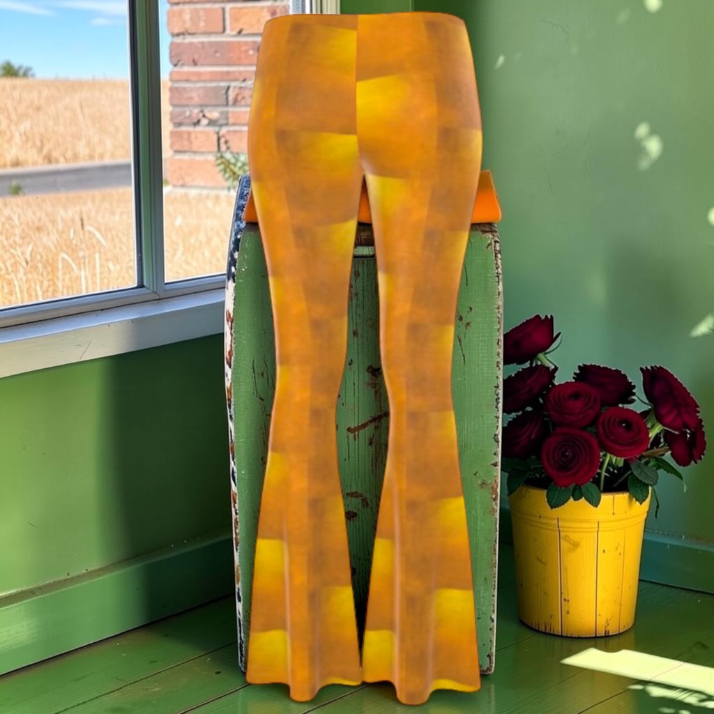 Amber Clash velvet flare pants back with golden amber color-block pattern