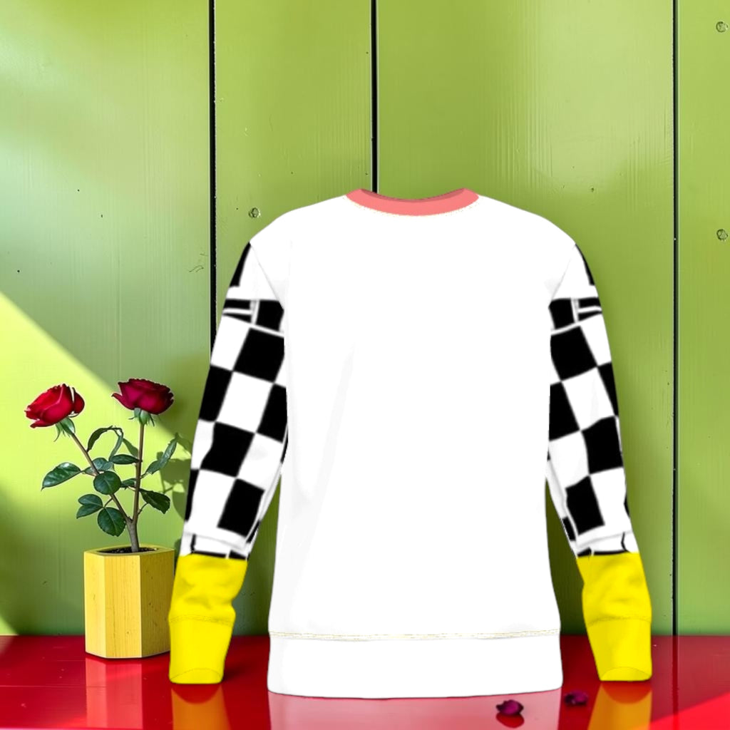 The Checkmate Flair Crewneck — front view, white body with checkered sleeves and golden cuffs