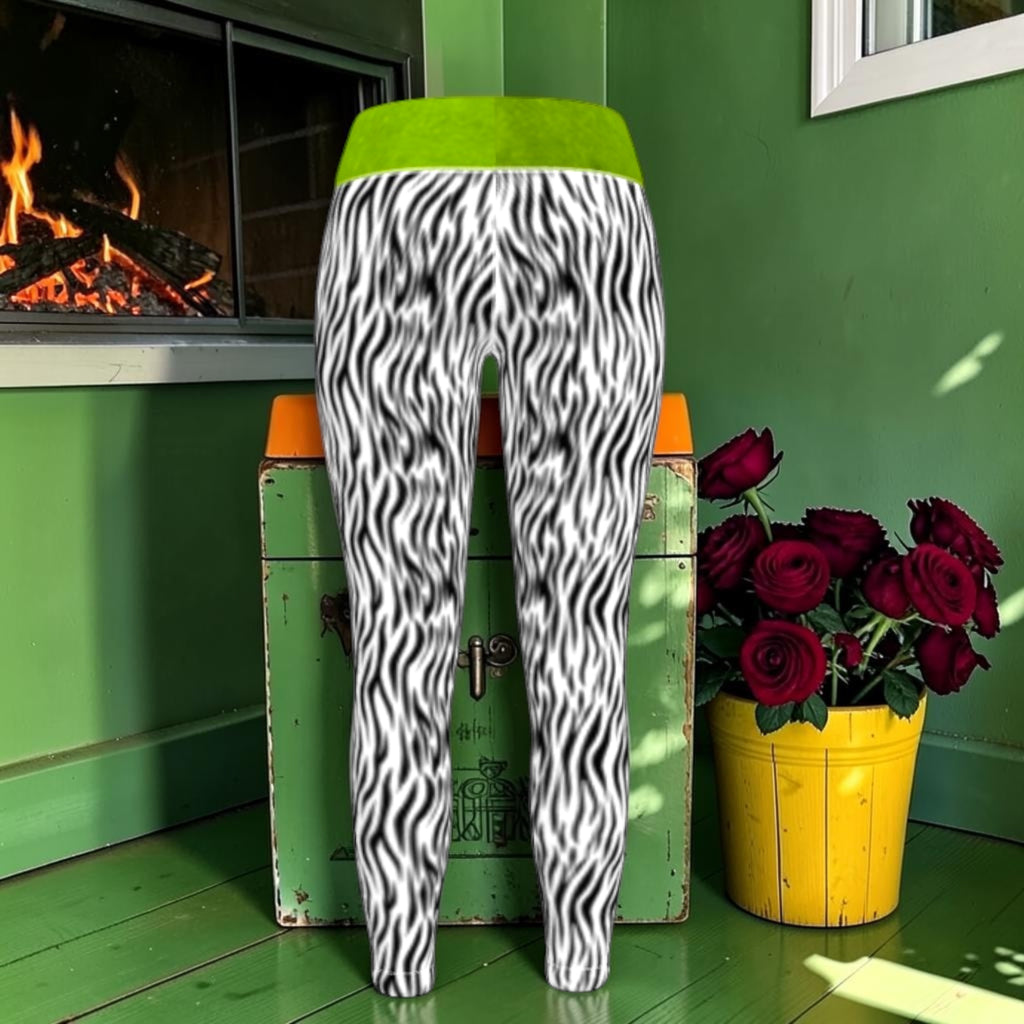 The Electric Instinct Split Legging back with all-over black-and-white zebra print and a lime-green waistband.