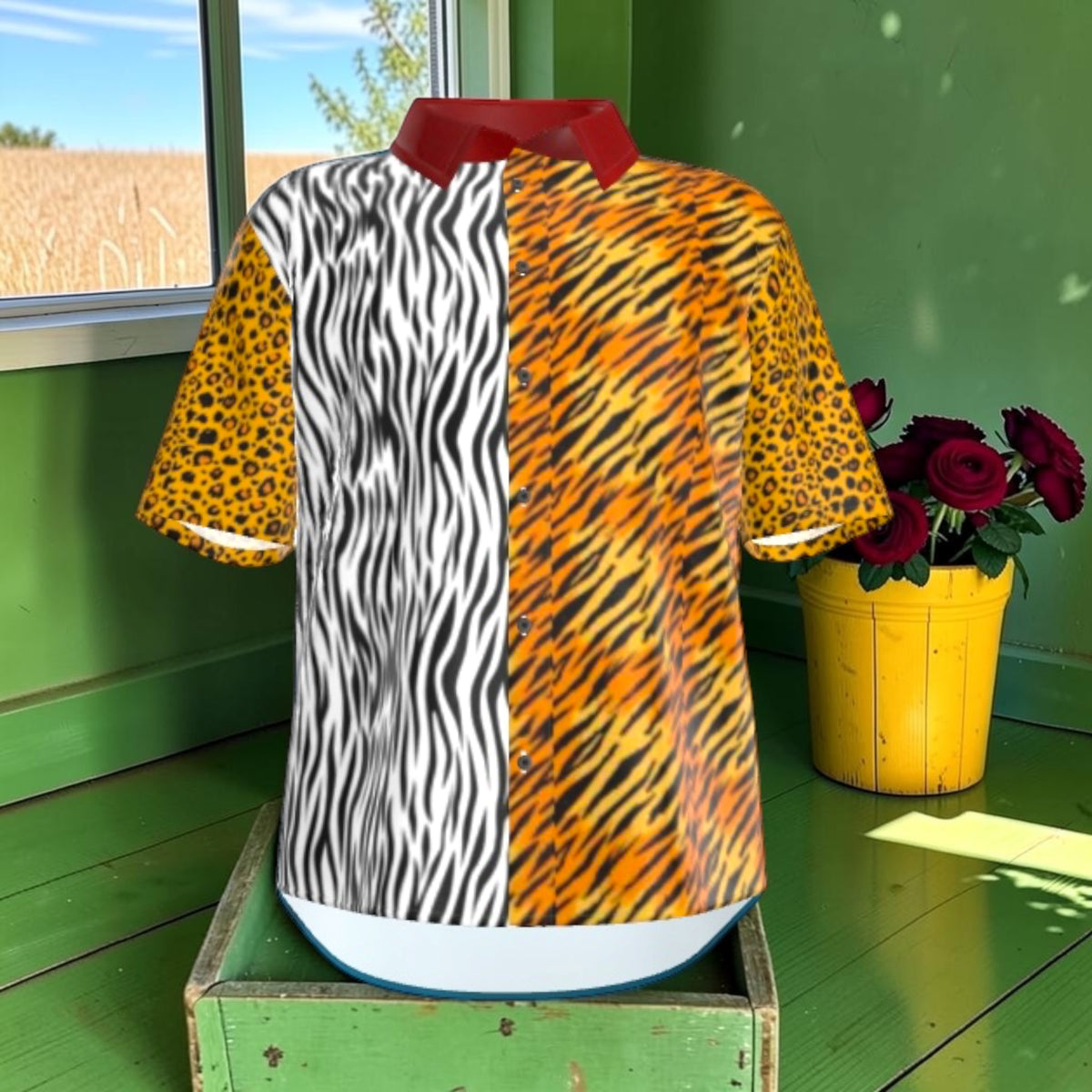 Front of 100% silk shirt with split zebra and tiger print, leopard short sleeves, and red collar