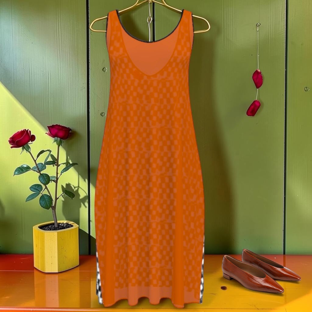 Vol I — The Color Story Midi Dress — burnt orange tonal check front, sleeveless scoop neck midi silhouette