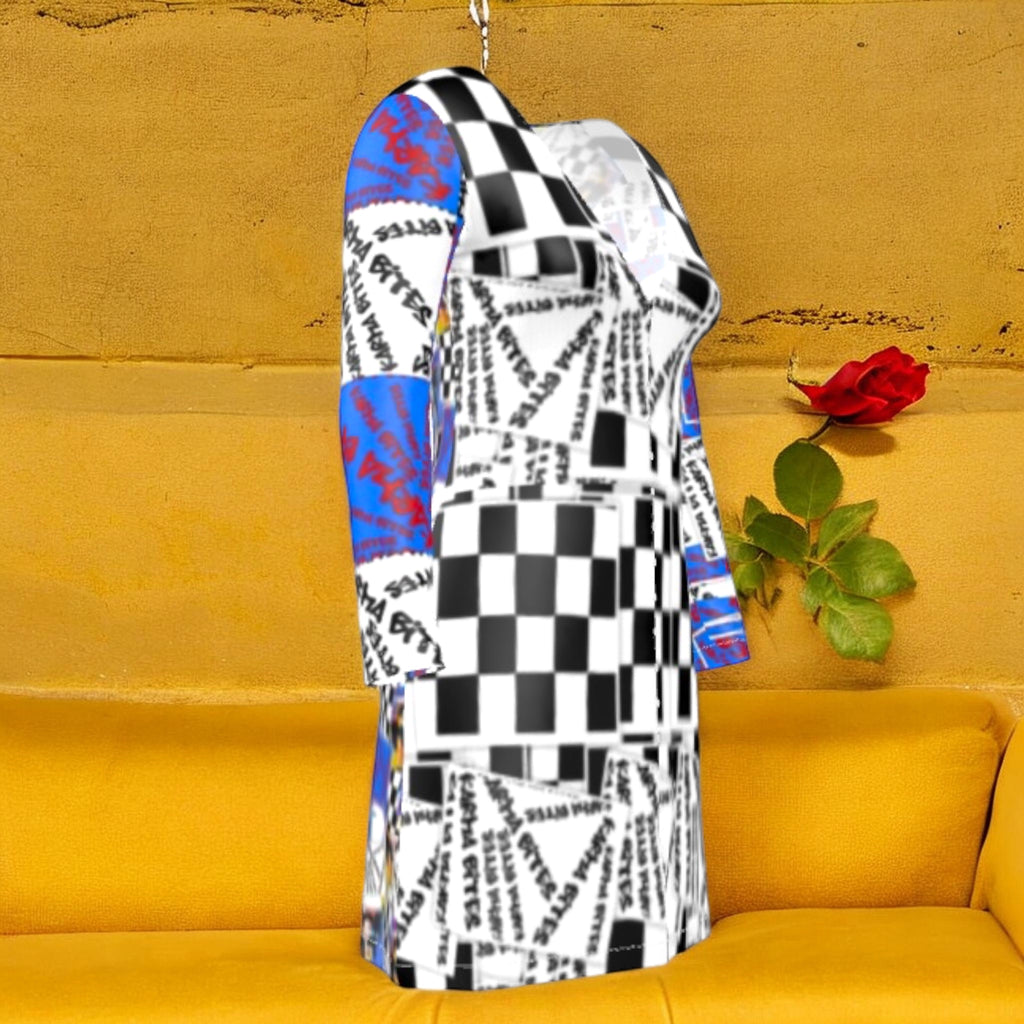 Golden Expression Art Vol III Checkmate Karma Mini Dress — side angle, fitted mini silhouette with Checkmate body and blue Karma Bites sleeves