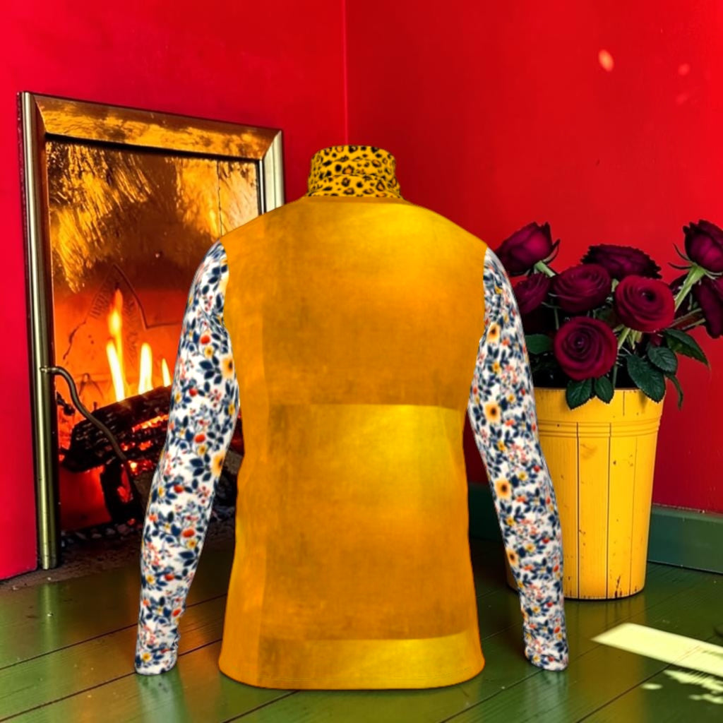 Back of Solange silky jersey top with golden-yellow panel and floral sleeves