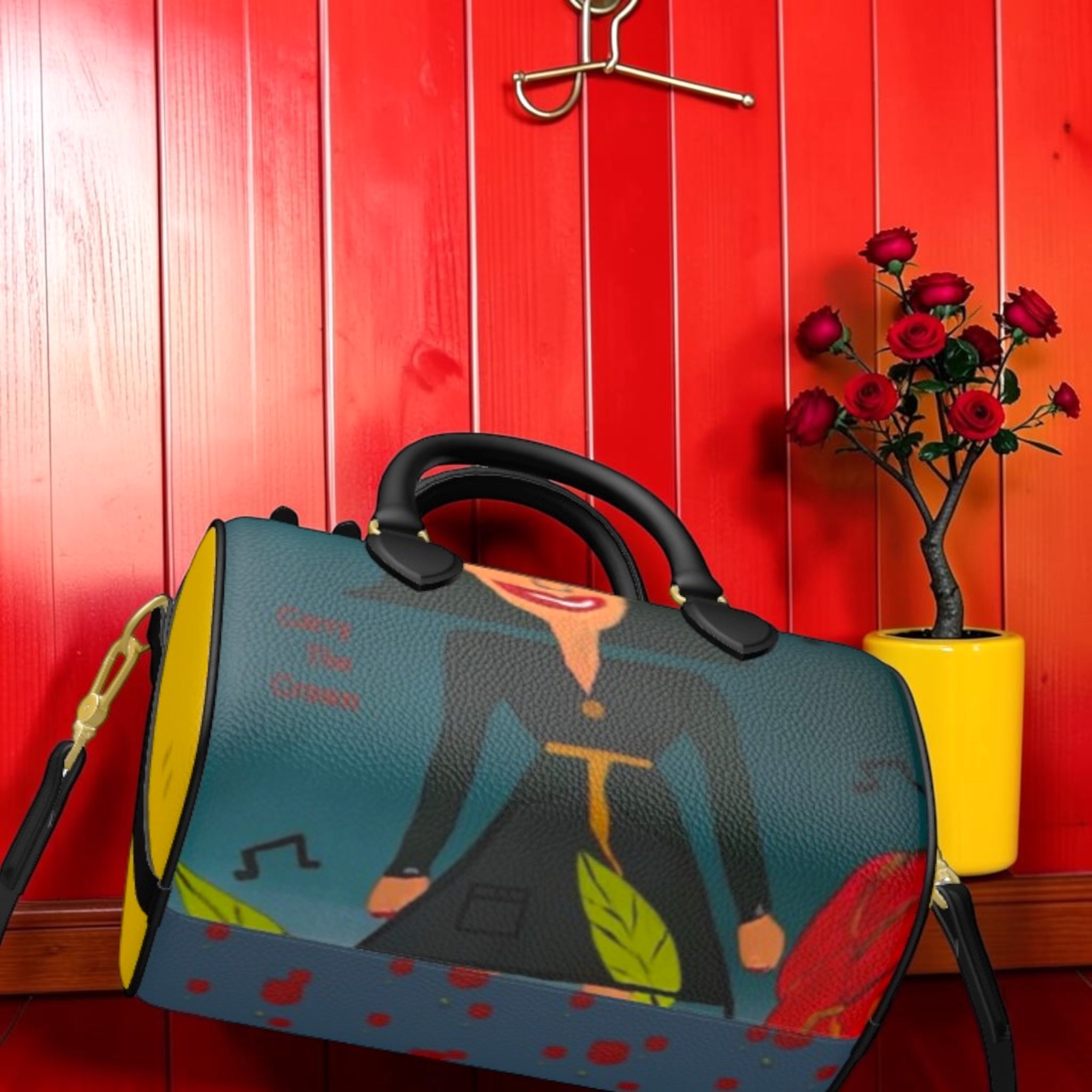 Vol II — The Harmony Barrel Duffel | Side angle — structured barrel silhouette with adjustable crossbody strap | Golden Expression Art