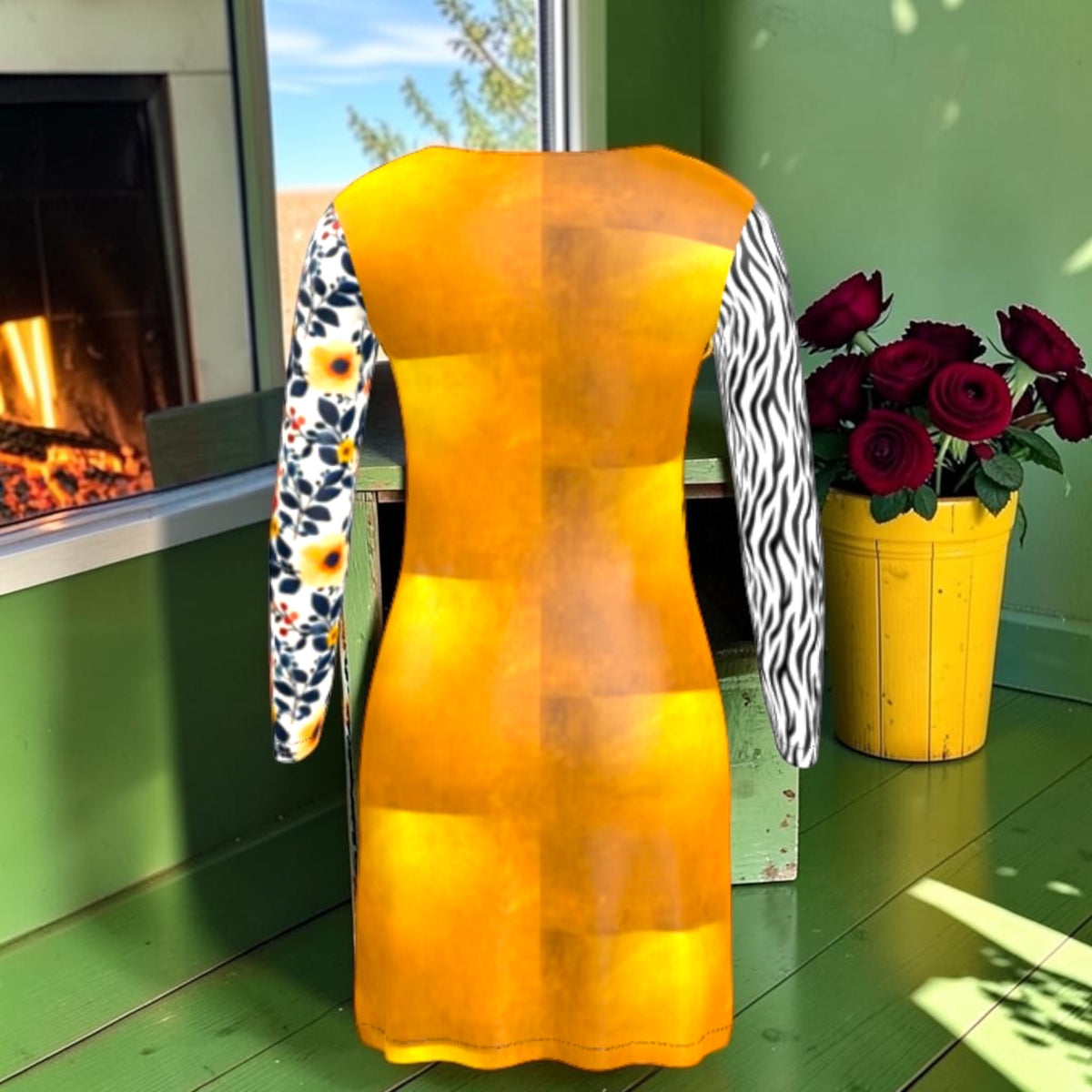 Back of cardigan dress with amber color-block panels, floral sleeve and zebra sleeve