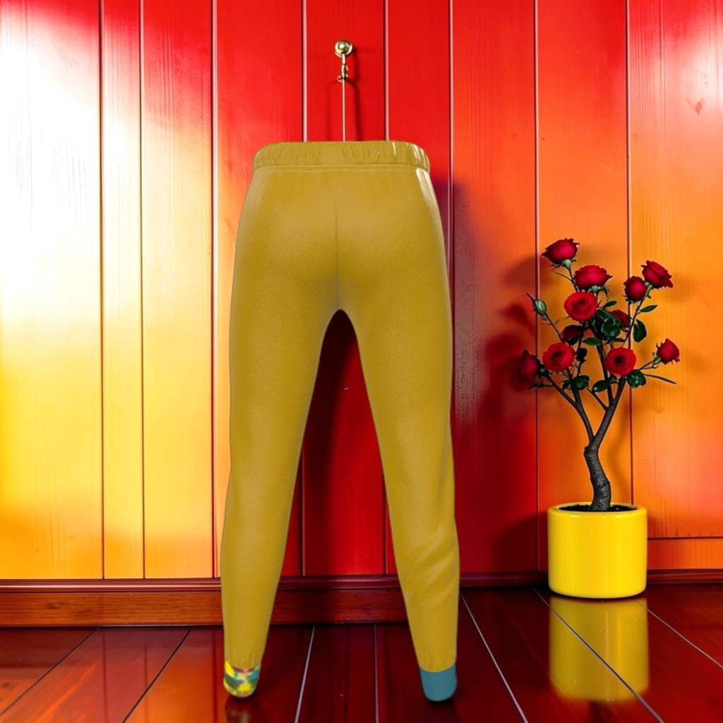 Vol II — The Eden Two-World Jogger, back view, solid golden yellow body, teal cuff detail at ankles, GEA