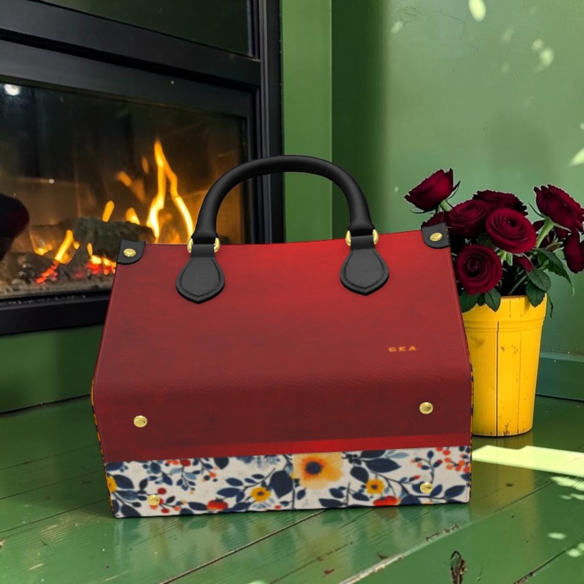 Rebel Bloom Mini Satchel showing red panel and floral base with gold hardware