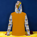 The Night Owl Hoodie back view — golden amber body with Doll Wall print sleeves and UNBOTHERED oversized hood — Golden Expression Art Vol III