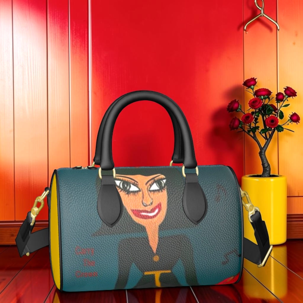Vol II — The Harmony Barrel Duffel | Front — GEA illustrated figure in teal leather with gold hardware | Golden Expression Art