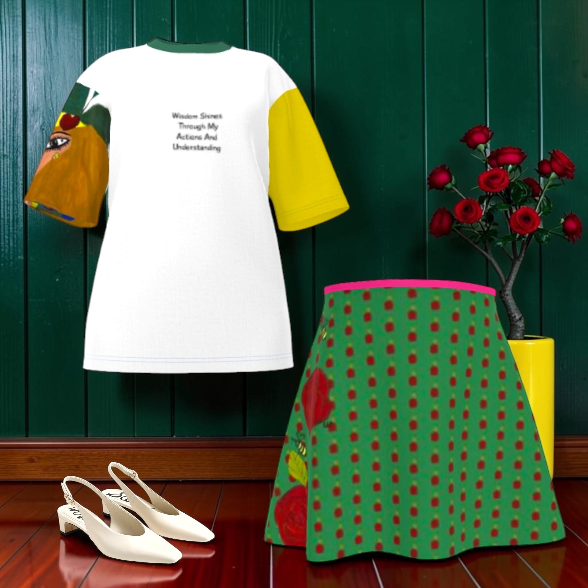 Bella Mini Flare Skirt styled with Ambient Oversize Tee and white slingbacks, Vol II The Eden Edit set shot