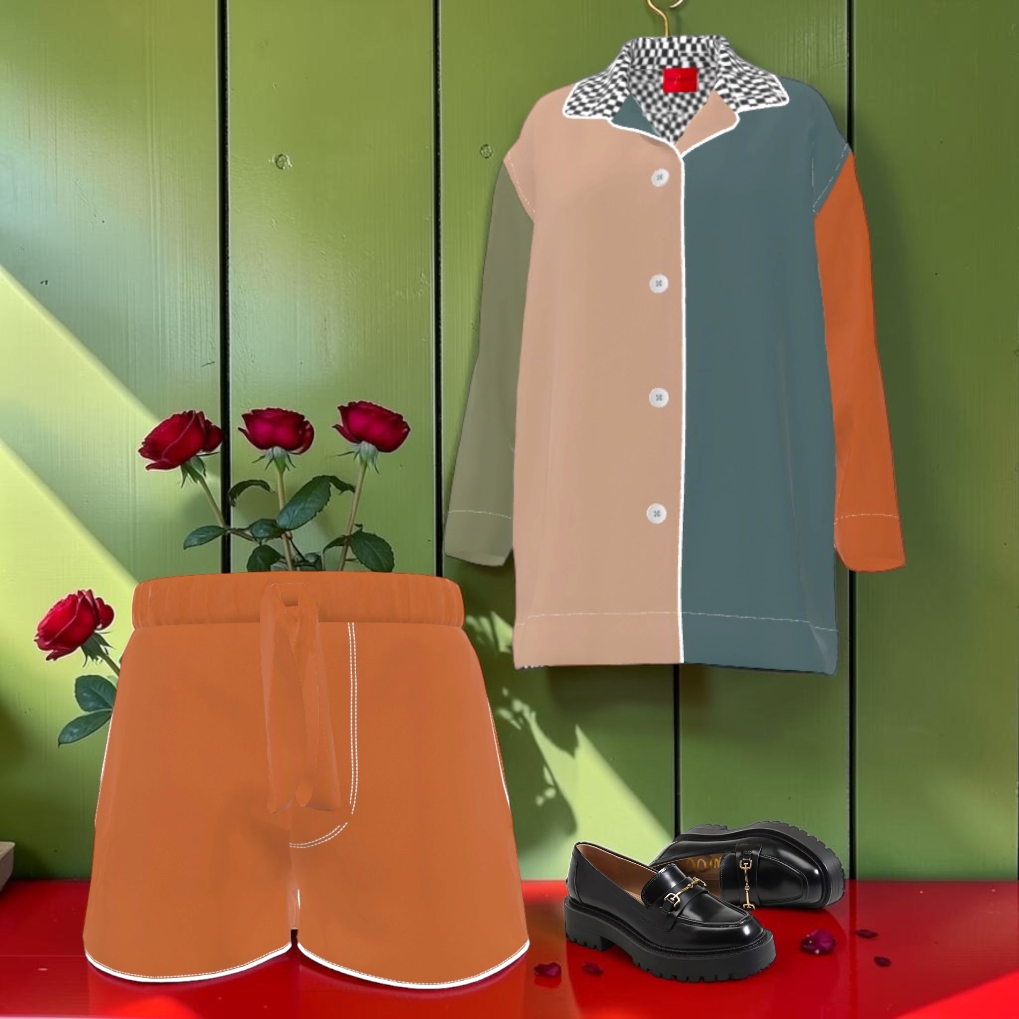 Vol I — The Patchwork Rule Set, front — color-block shirt and shorts in amber and slate
