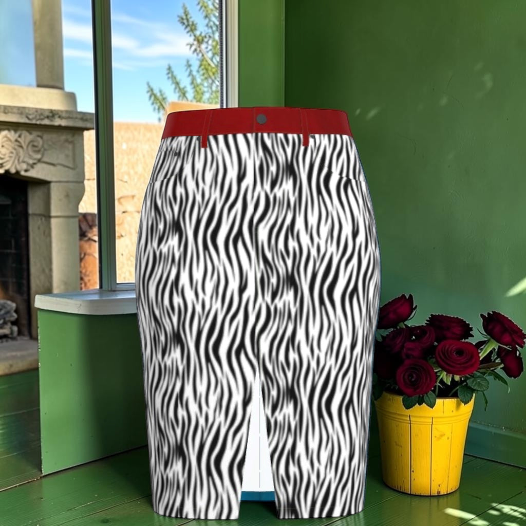 Front view of The Rebel Zebra Denim Midi Skirt with all-over black and white wild stripe print, red waistband, and front center slit